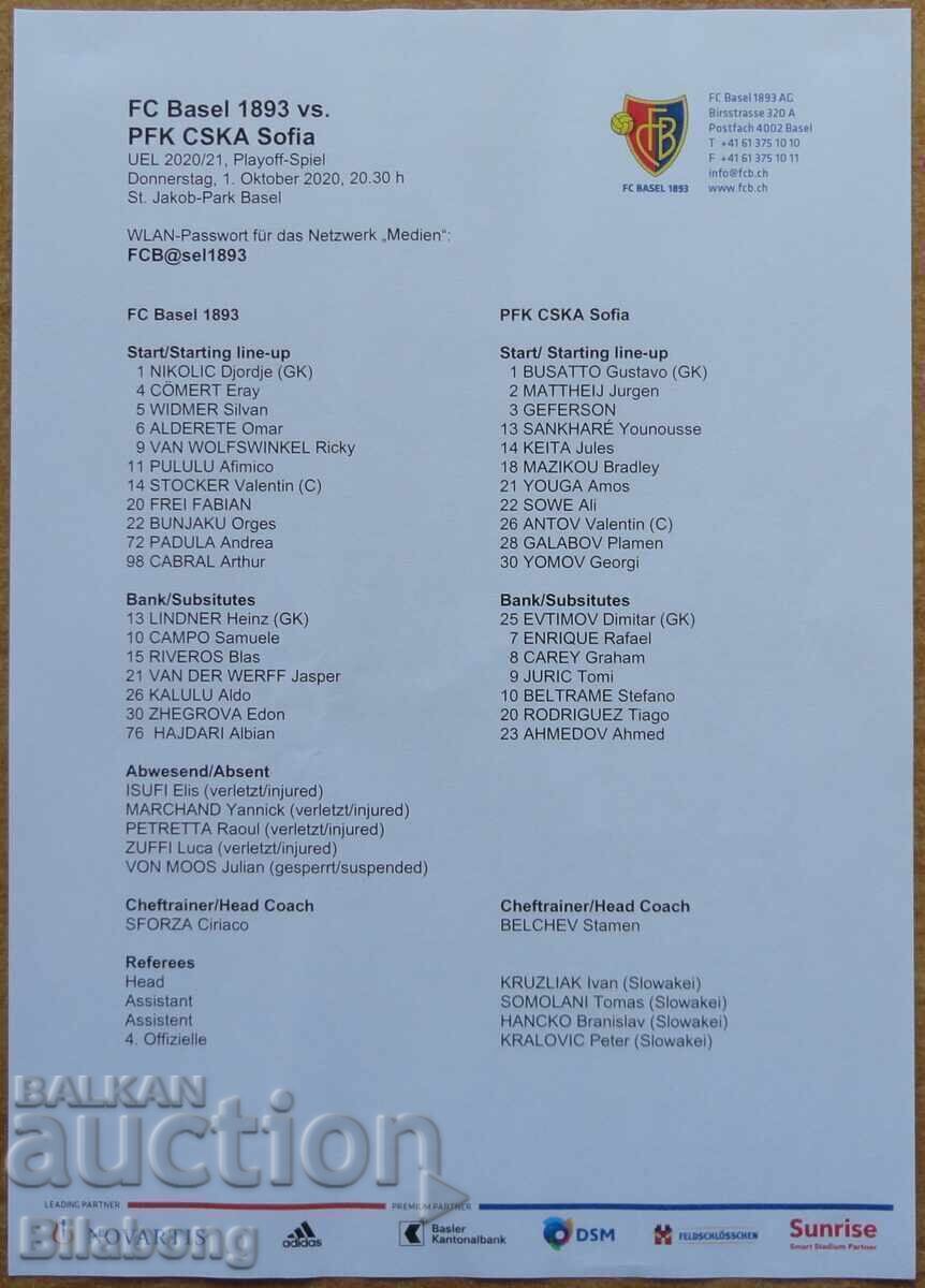 Listă de echipă de fotbal Basel-ȚSKA, Europa League - 2020