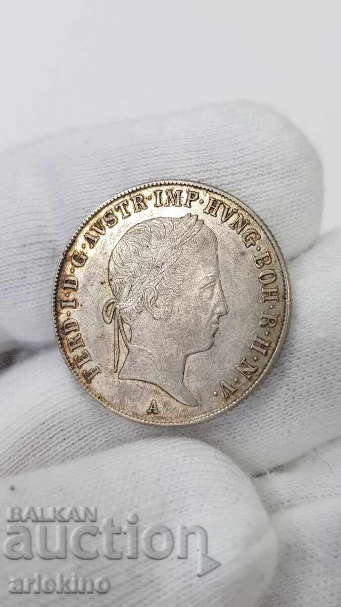 Rare silver Austrian coin 20 Kreuzer 1845 with luster with price 95.00 BGN | € 48.57