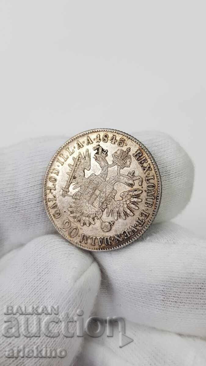 Delivery of Rare silver Austrian coin 20 Kreuzer 1845 with luster
