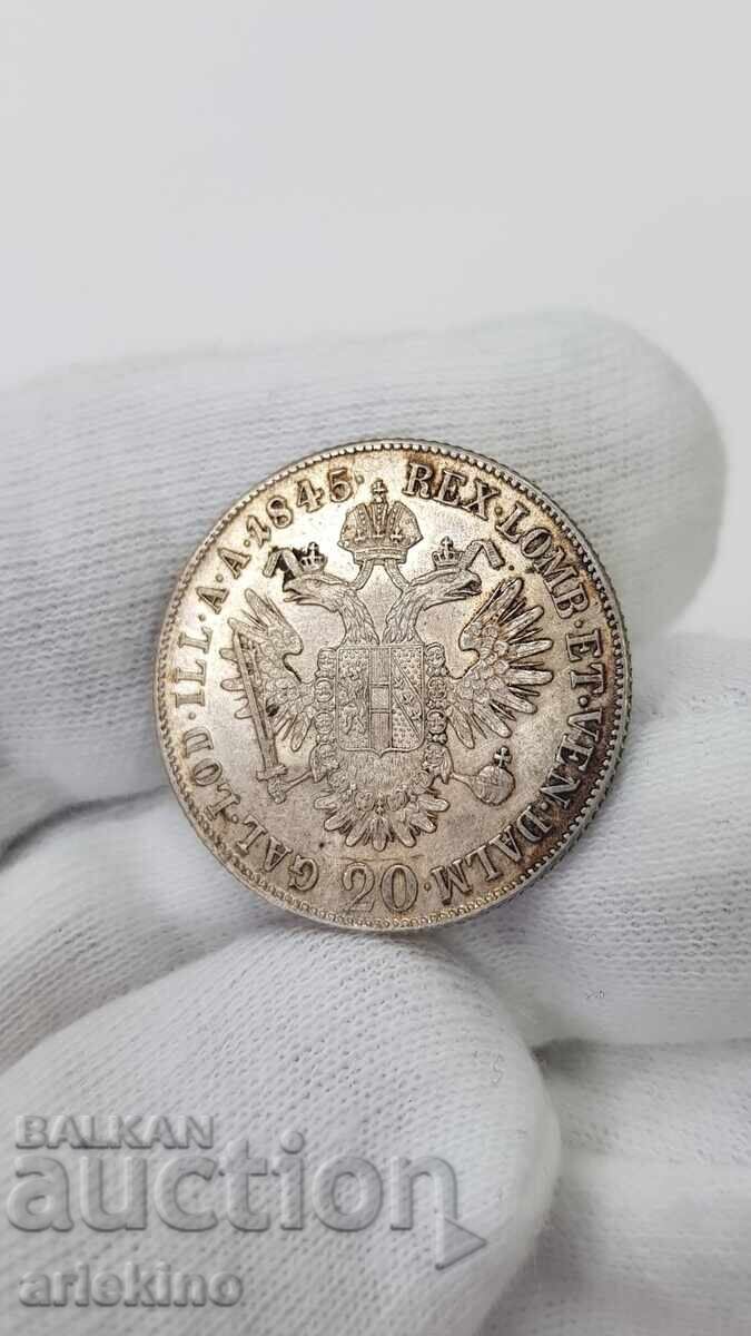 Rare silver Austrian coin 20 Kreuzer 1845 with luster