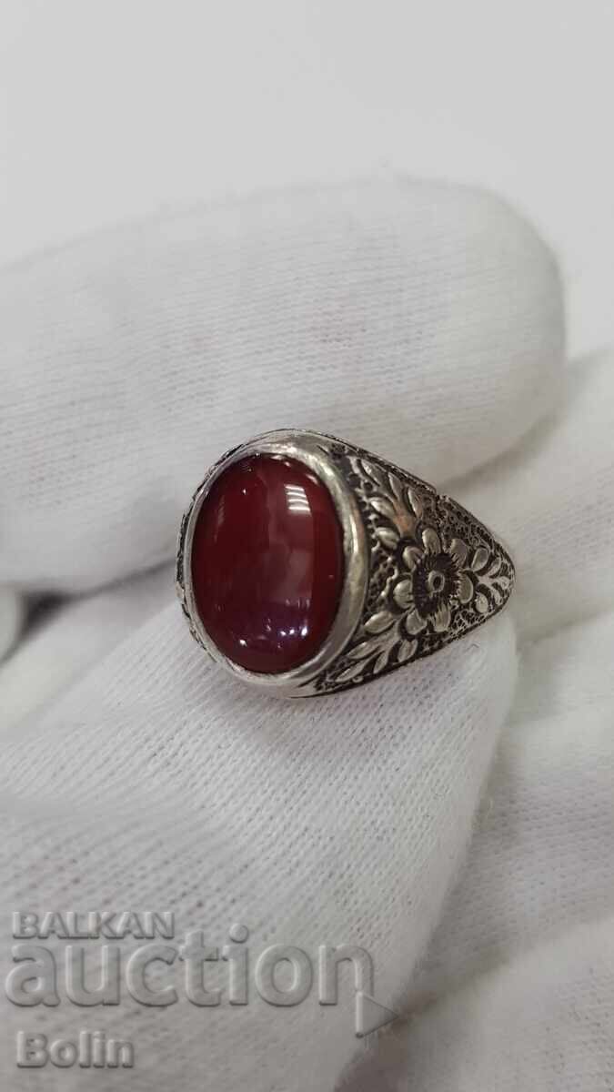 Rare silver Revival-era urban ring with carnelian, 20th century