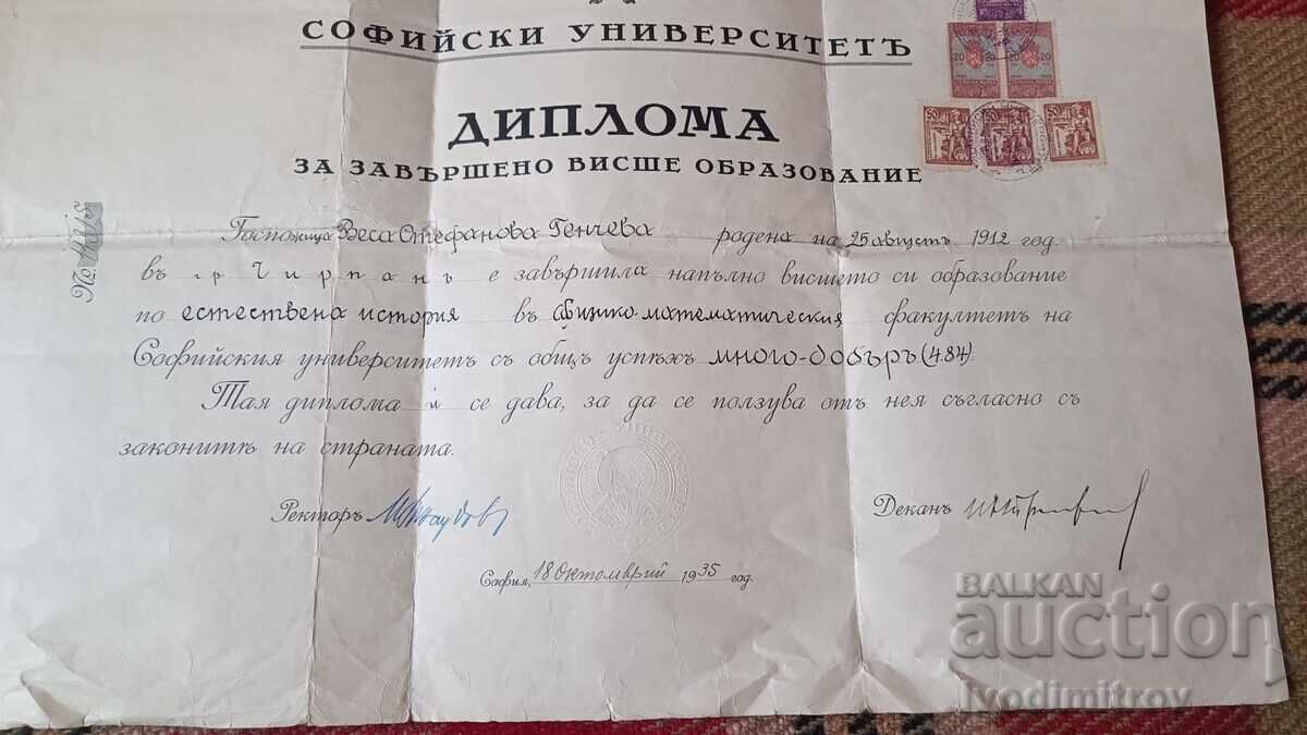 Delivery of Diploma for completed higher education, Sofia University, 1935