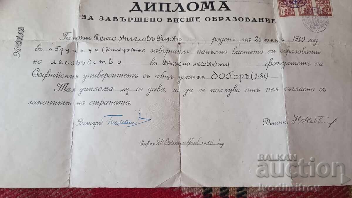 Delivery of Diploma for completed higher education Sofia University 1936