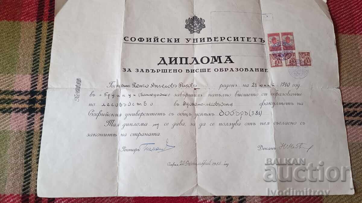 Diploma for completed higher education Sofia University 1936