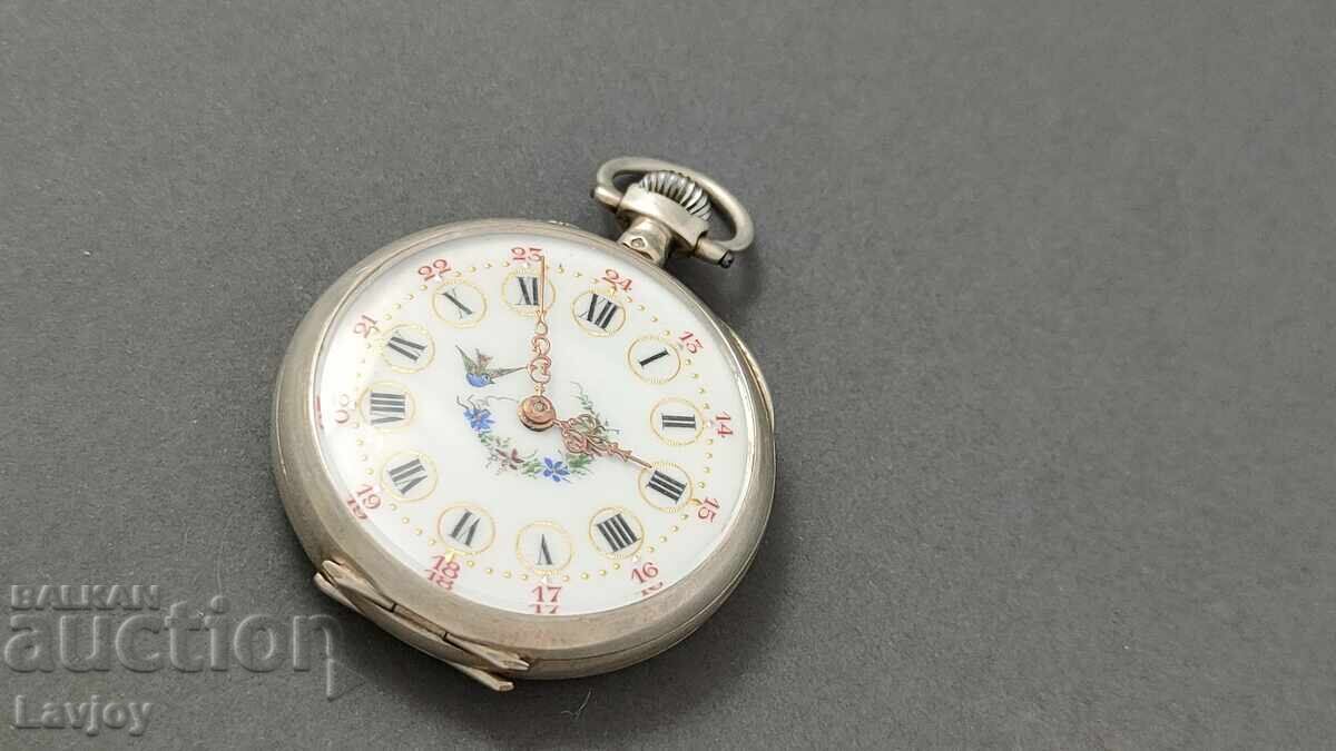 Licitație Ceas de buzunar argintat cu cadran din porțelan pictat