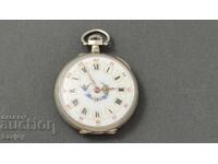 Ceas de buzunar argintat cu cadran din porțelan pictat