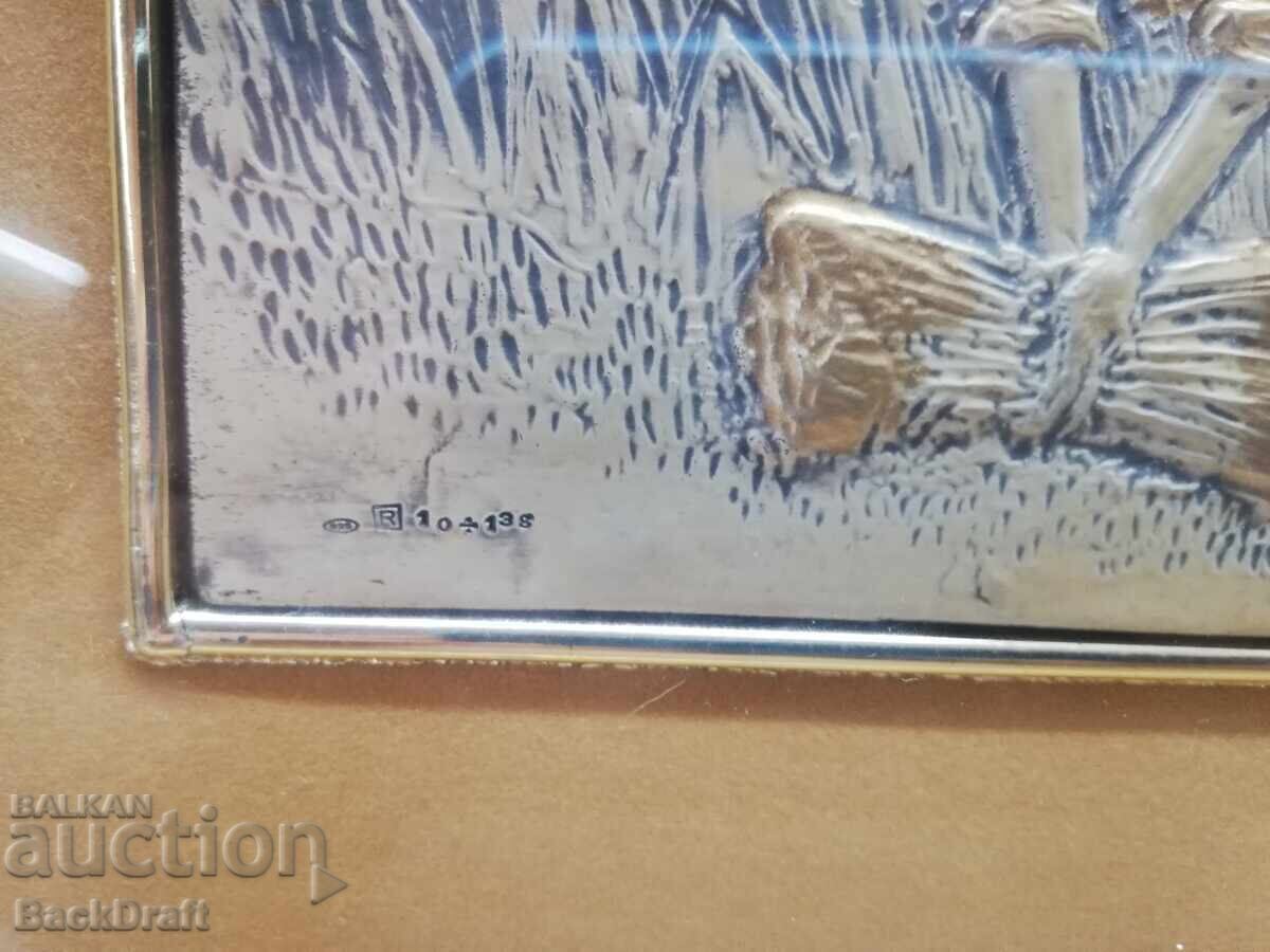 Παράδοση Ανάγλυφο Ασημένιο Πίνακας "Θεριστές", Θερισμός με Κορνίζα, Δοκιμή 925