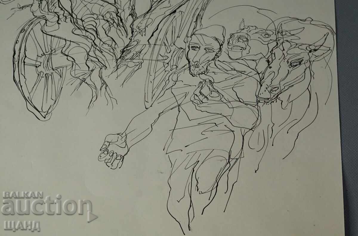 Auction  Old Master Drawing Graphic Ink Horses Cart