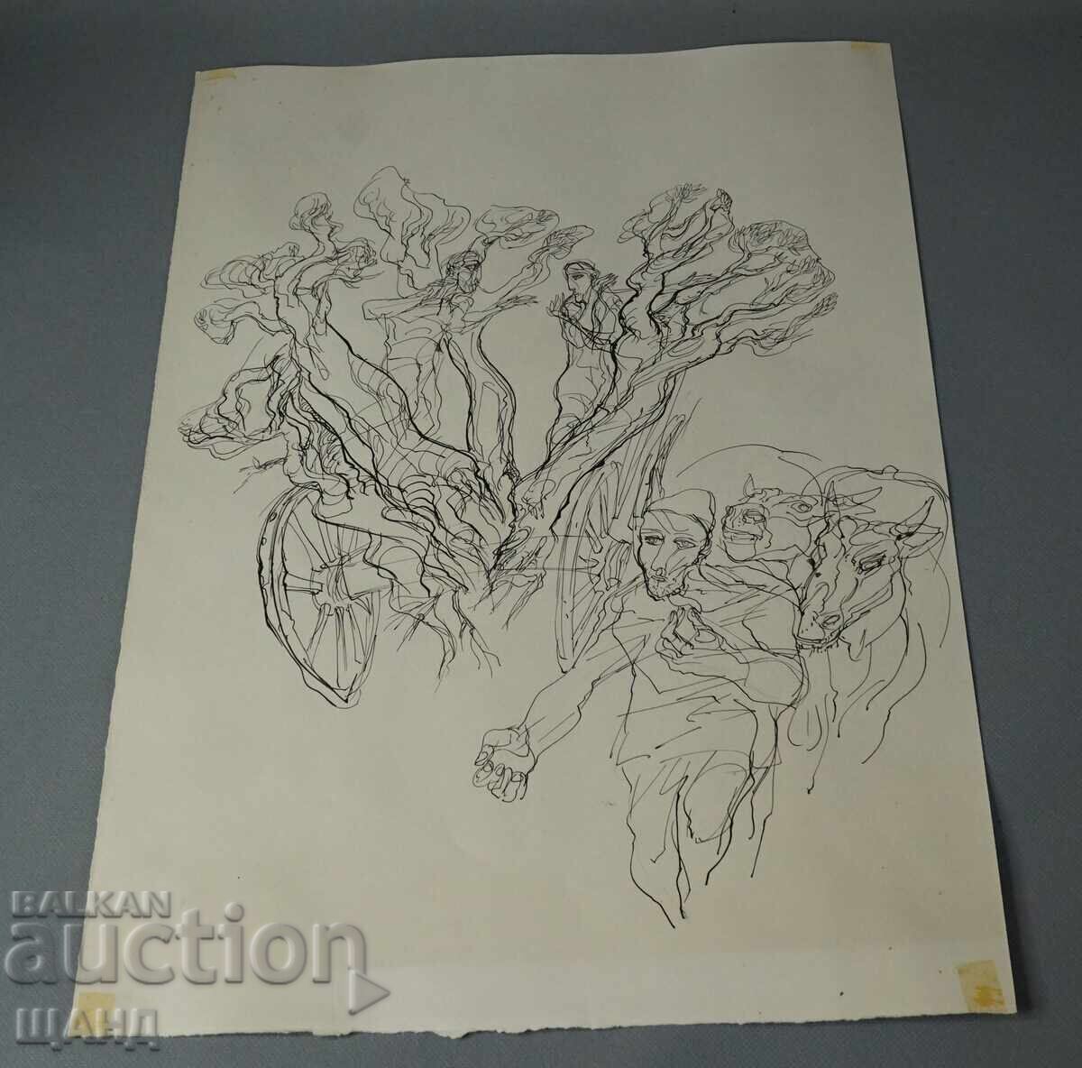 Old Master Drawing Graphic Ink Horses Cart