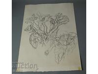 Стара Майсторска рисунка графика туш коне каруца