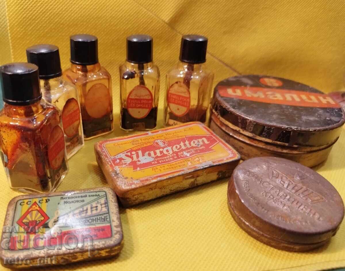 Lot of old metal boxes and bottles Lot of old metal boxes and bottles