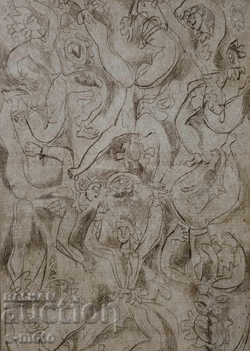 Παράδοση Γραφική, ξηρή βελόνα, φιγούρα σύνθεση "Τσίρκο"