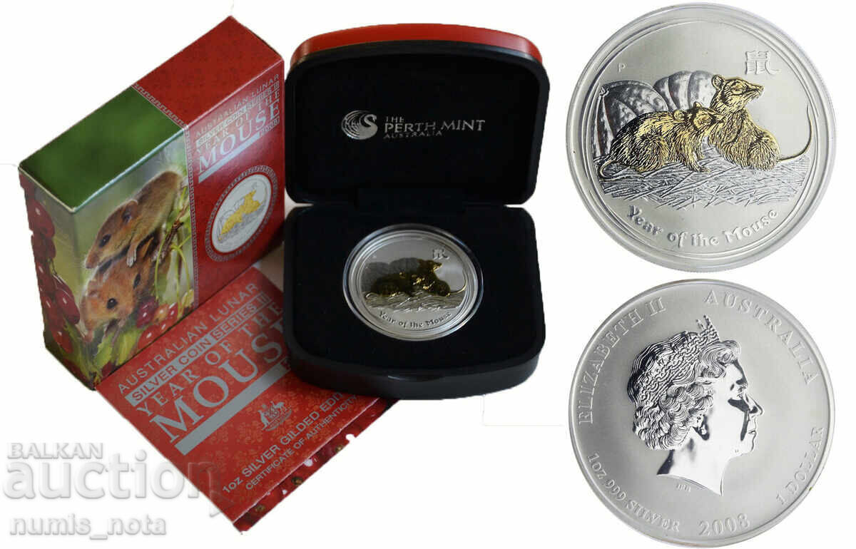 Argint 1 oz Anul șoricelului 2008 Lunar Australia Placat cu aur
