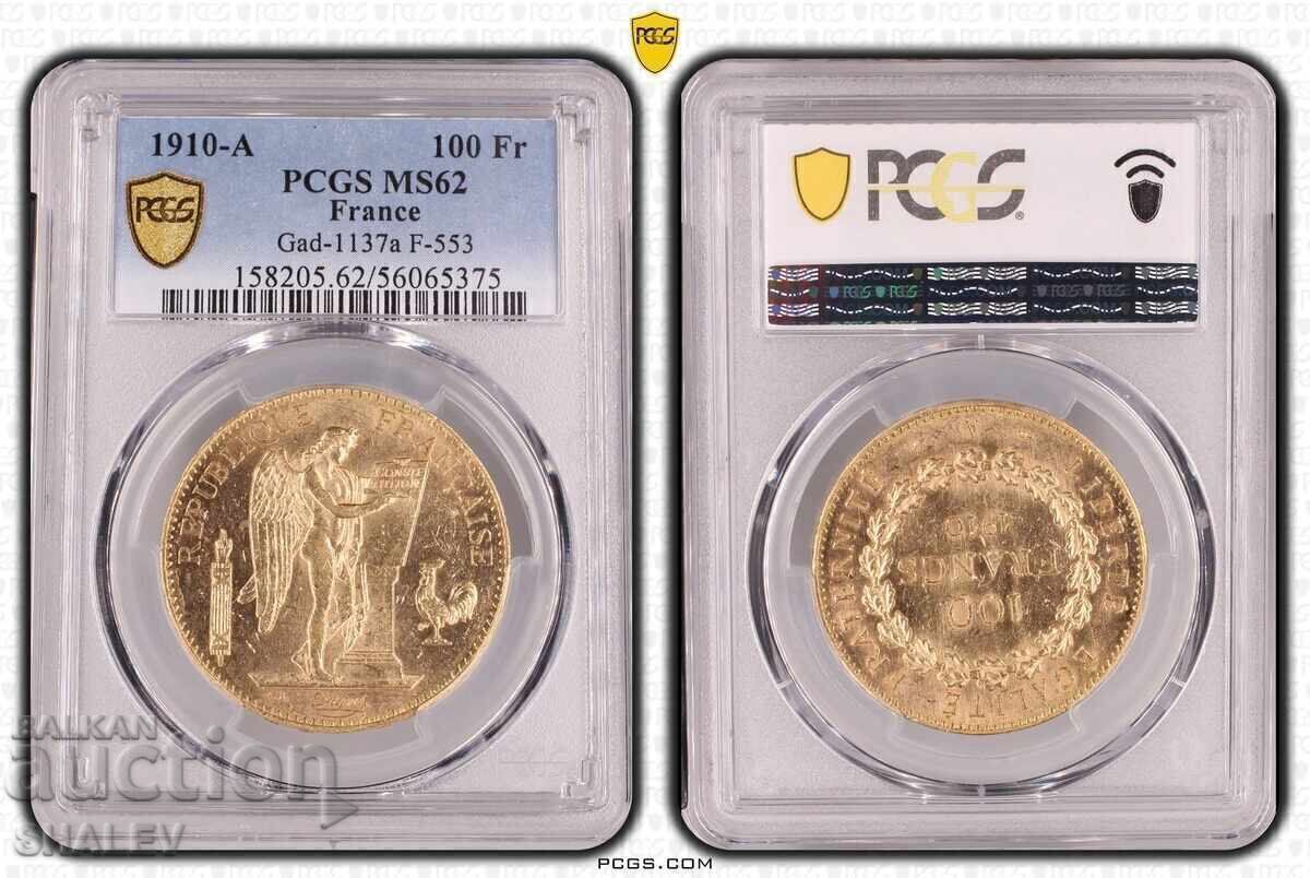 100 Franci 1910 A Franța (Frantsiya) - MS62 la PCGS (aur)