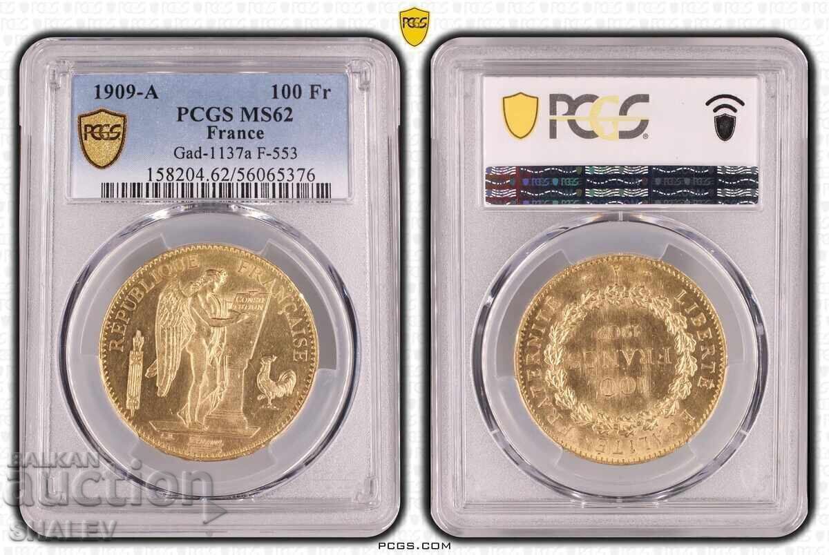 100 Francs 1909 A France - MS62 by PCGS (gold)