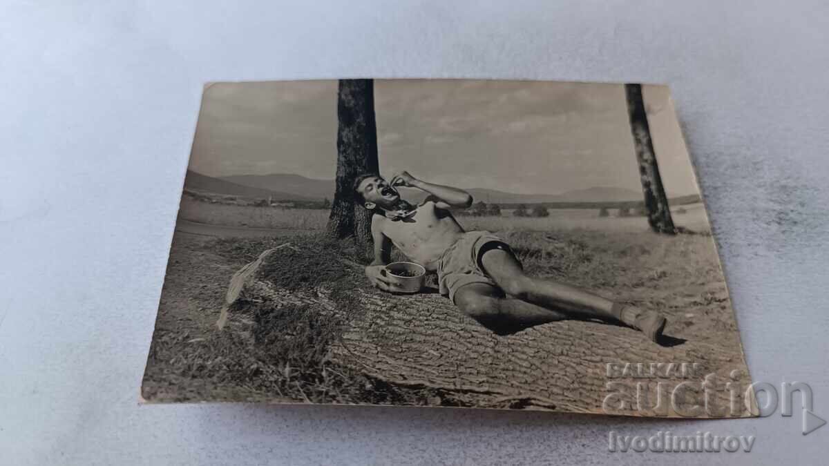 Снимка Млад мъж на паднало дърво похапващ грозде Снимка Млад мъж на паднало дърво похапващ грозде