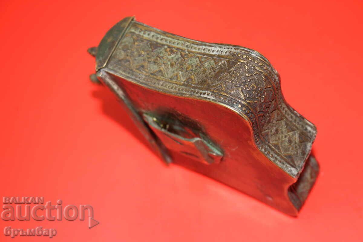 Ottoman Balkan bronze box, cartridge pouch, powder flask - 5