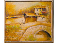 Έργο ζωγραφικής με λάδι, τοπίο με σπίτι