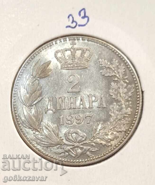 Serbia 2 Dinari 1897 Argint ! Monedă de top ! Colecție ! - 5