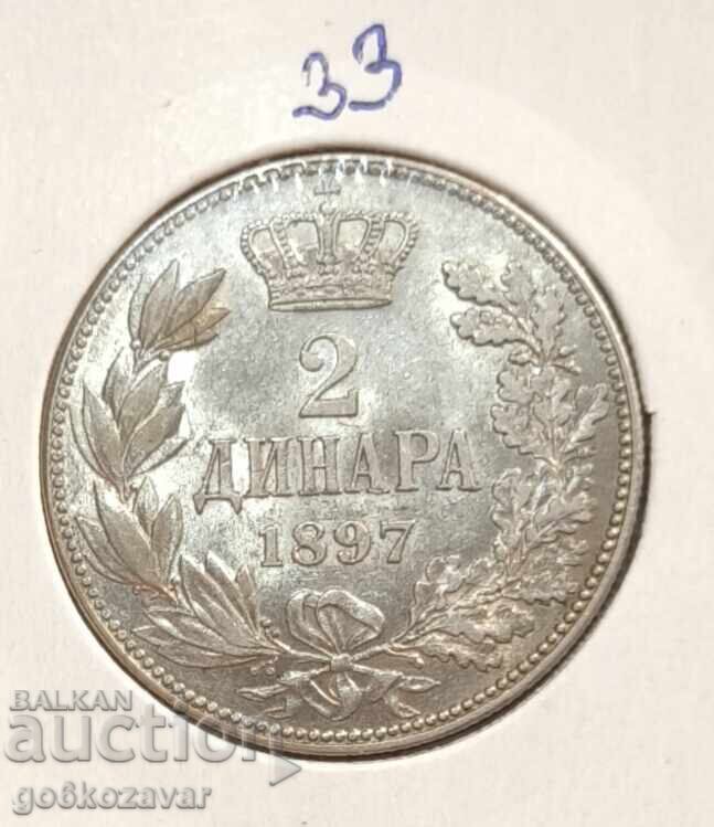 Serbia 2 Dinari 1897 Argint ! Monedă de top ! Colecție ! - 7
