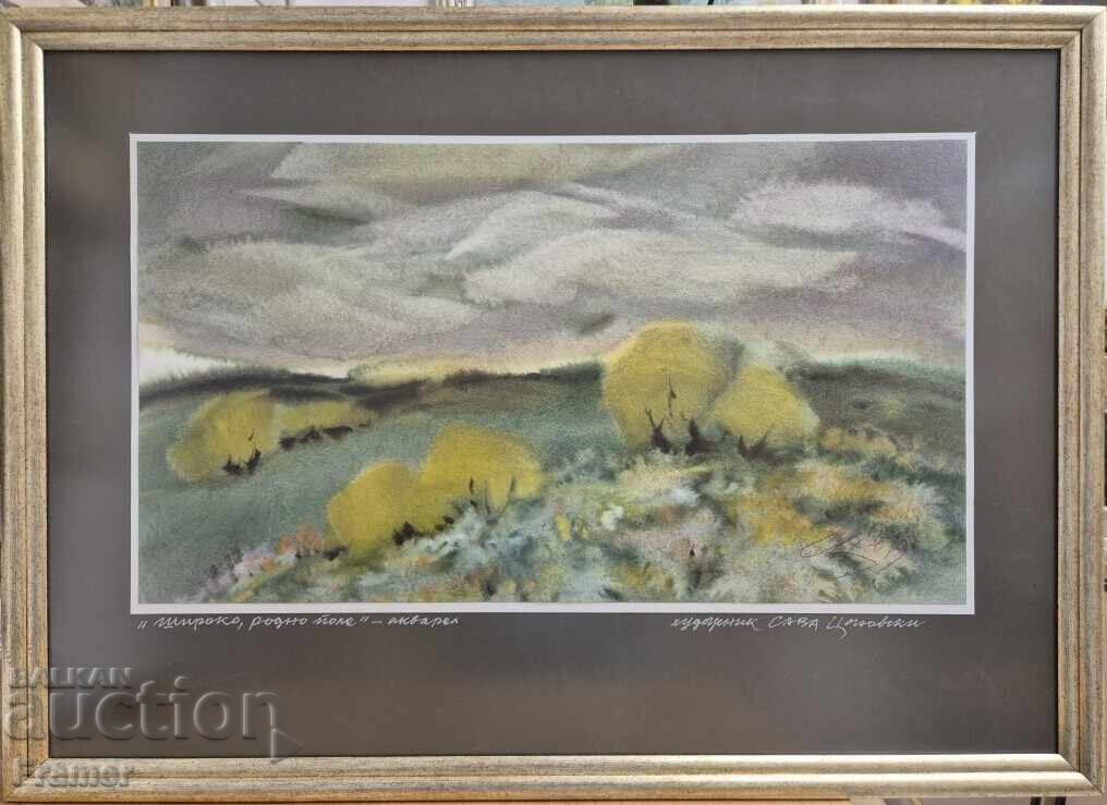 Large watercolor by the CENTENARIAN Sava Tsonovski Landscape 1A