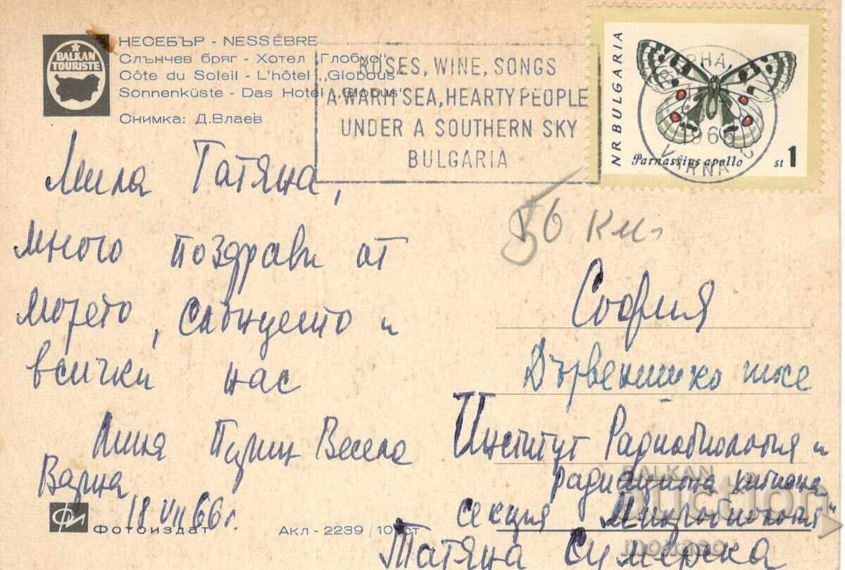 Παλιά καρτ ποστάλ - Σάνι Μπιτς, Η παραλία μπροστά από το ξενοδοχείο "Γκλόμπους" με τιμή 0.80 BGN | € 0.41