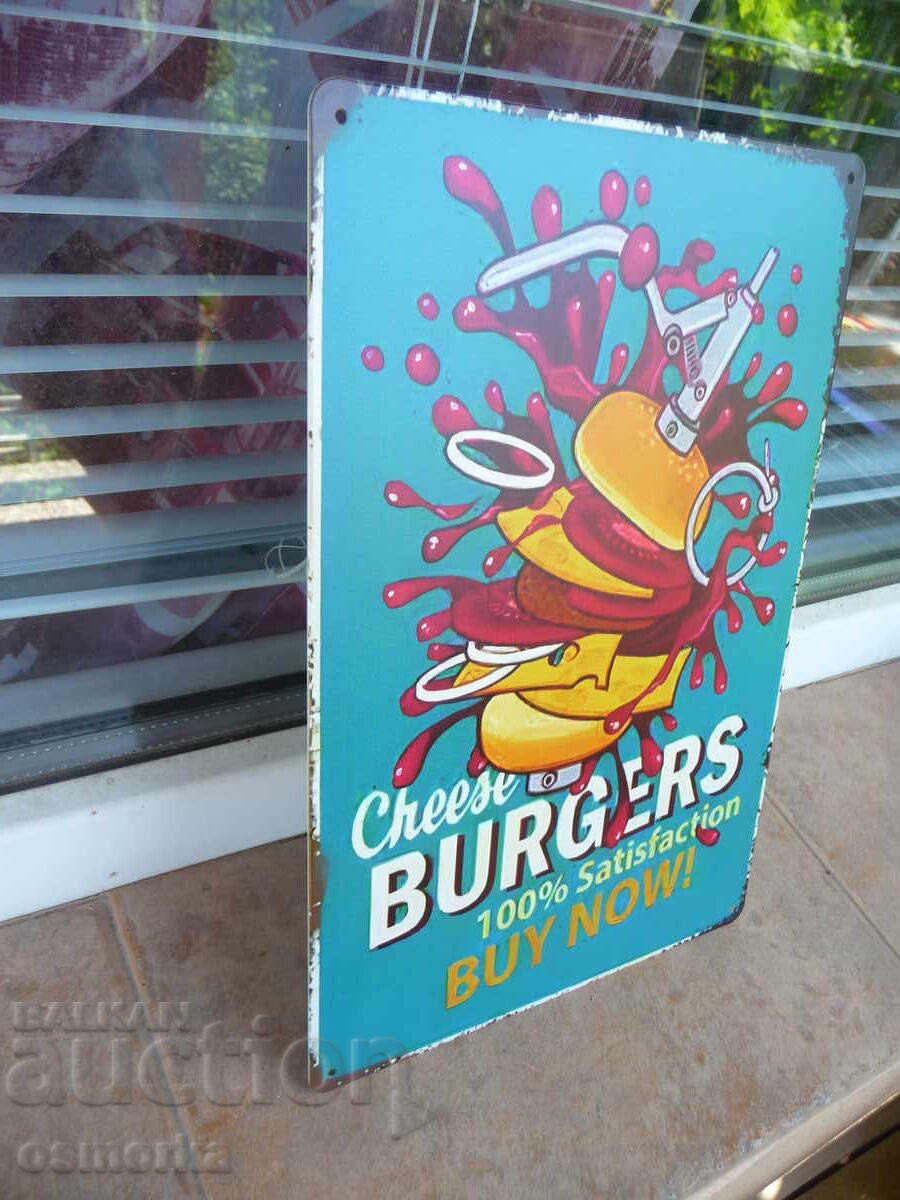 Metal sign food cheeseburger ketchup bun delicious hot with price 18.00 BGN | € 9.20