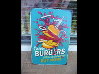 Placă metalică mâncare cheeseburger ketchup chiflă gustos cald