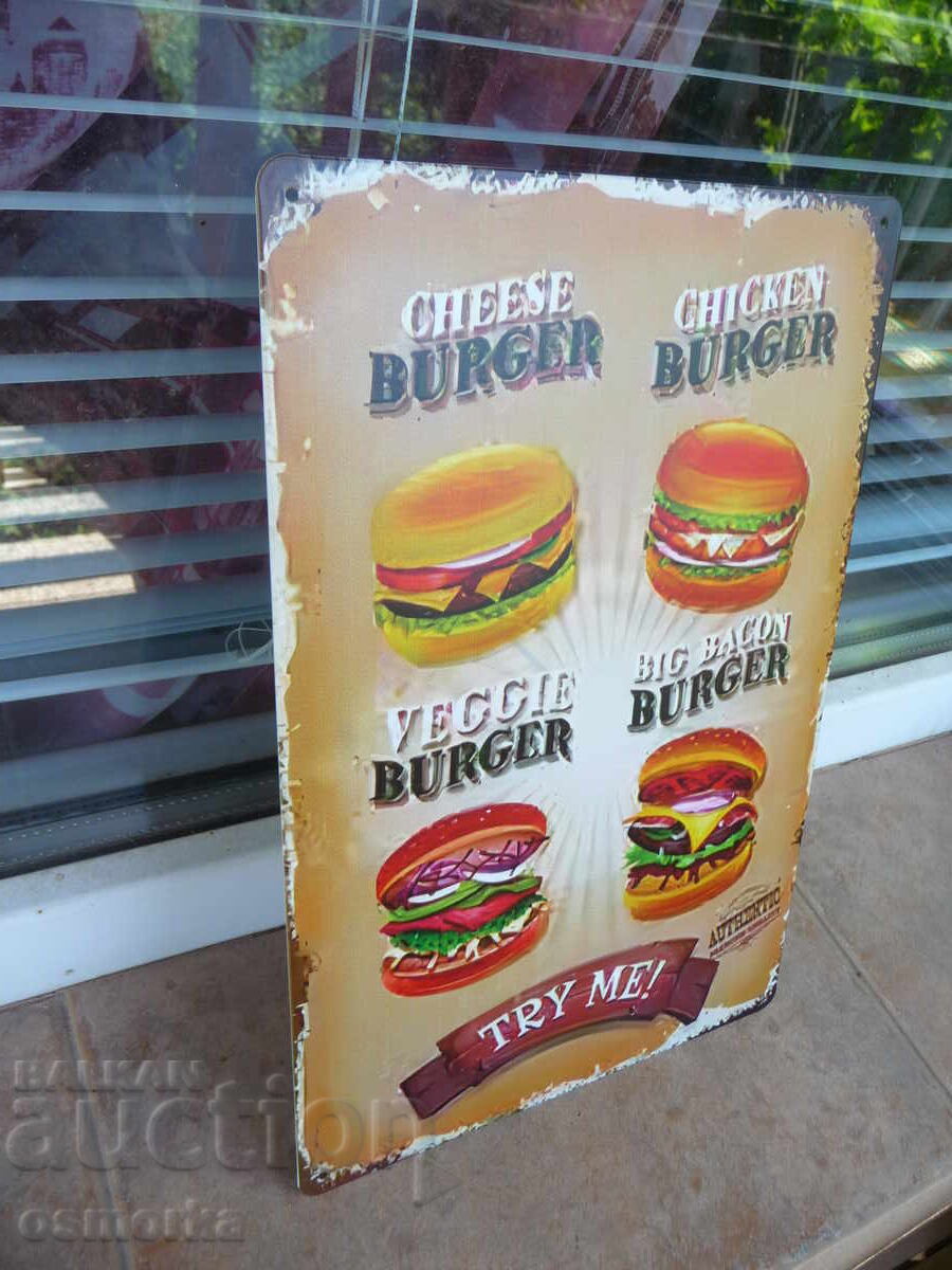 Μεταλλική πινακίδα φαγητό μπέργκερ τυρί vegan μπέικον κοτόπουλο big με τιμή 18.00 BGN | € 9.20