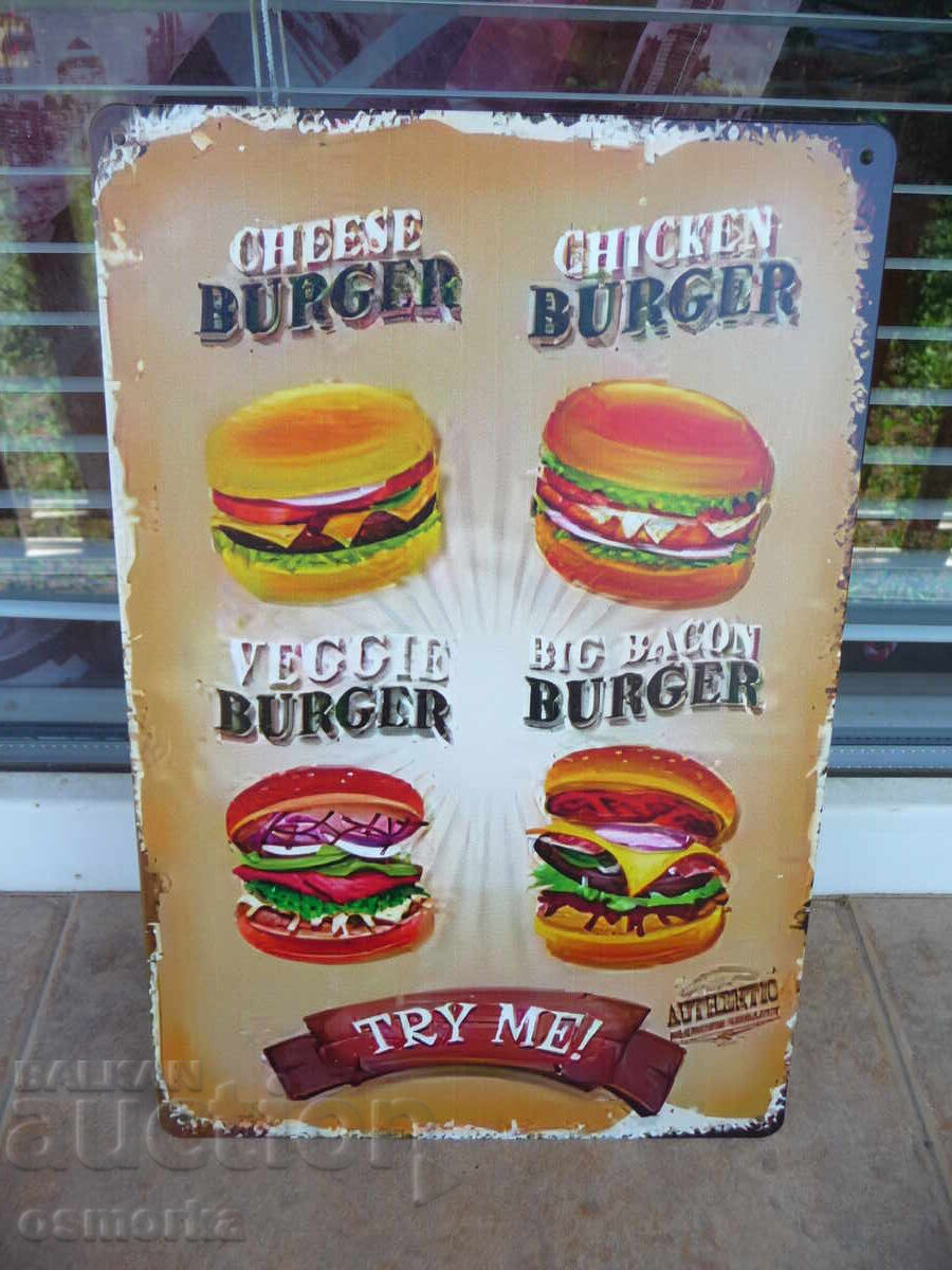 Μεταλλική πινακίδα φαγητό μπέργκερ τυρί vegan μπέικον κοτόπουλο big