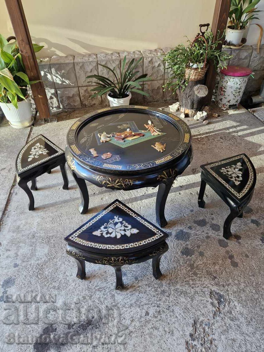 Măsuță asiatică superbă cu 4 taburete din lemn cu sidef - 5 Măsuță asiatică superbă cu 4 taburete din lemn cu sidef - 5