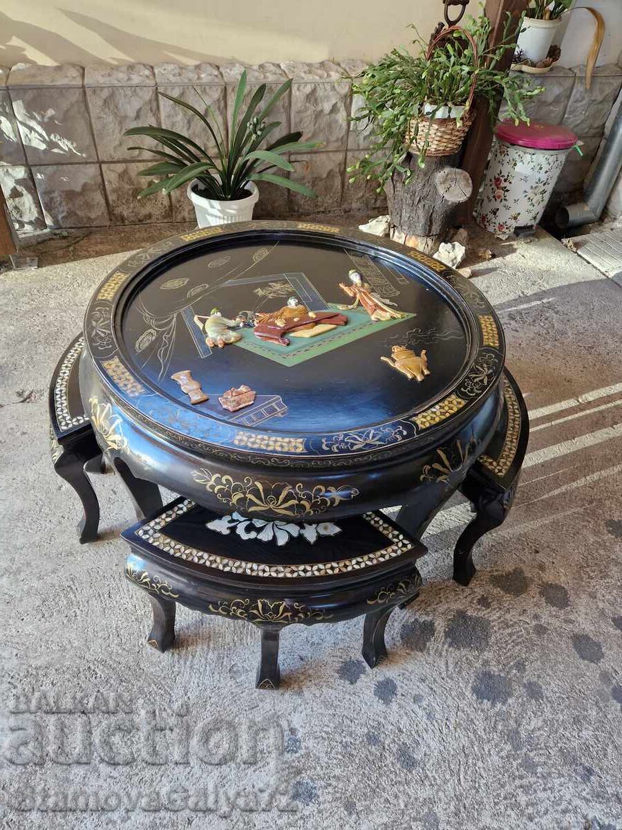 Măsuță asiatică superbă cu 4 taburete din lemn cu sidef - 7 Măsuță asiatică superbă cu 4 taburete din lemn cu sidef - 7