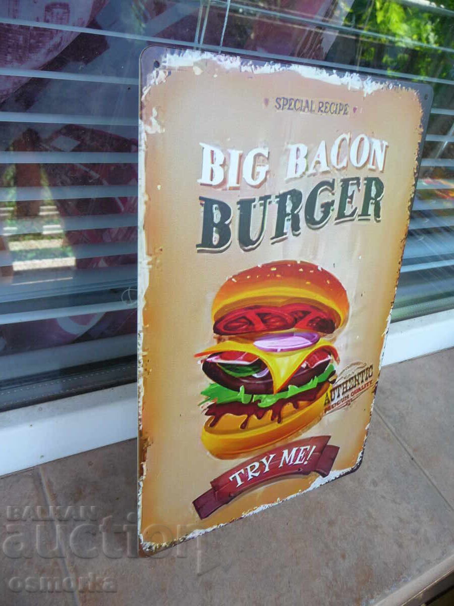 Μεταλλική πινακίδα φαγητού big burger μπέργκερ fast food νόστιμα μπέικον με τιμή 18.00 BGN | € 9.20 Μεταλλική πινακίδα φαγητού big burger μπέργκερ fast food νόστιμα μπέικον με τιμή 18.00 BGN | € 9.20