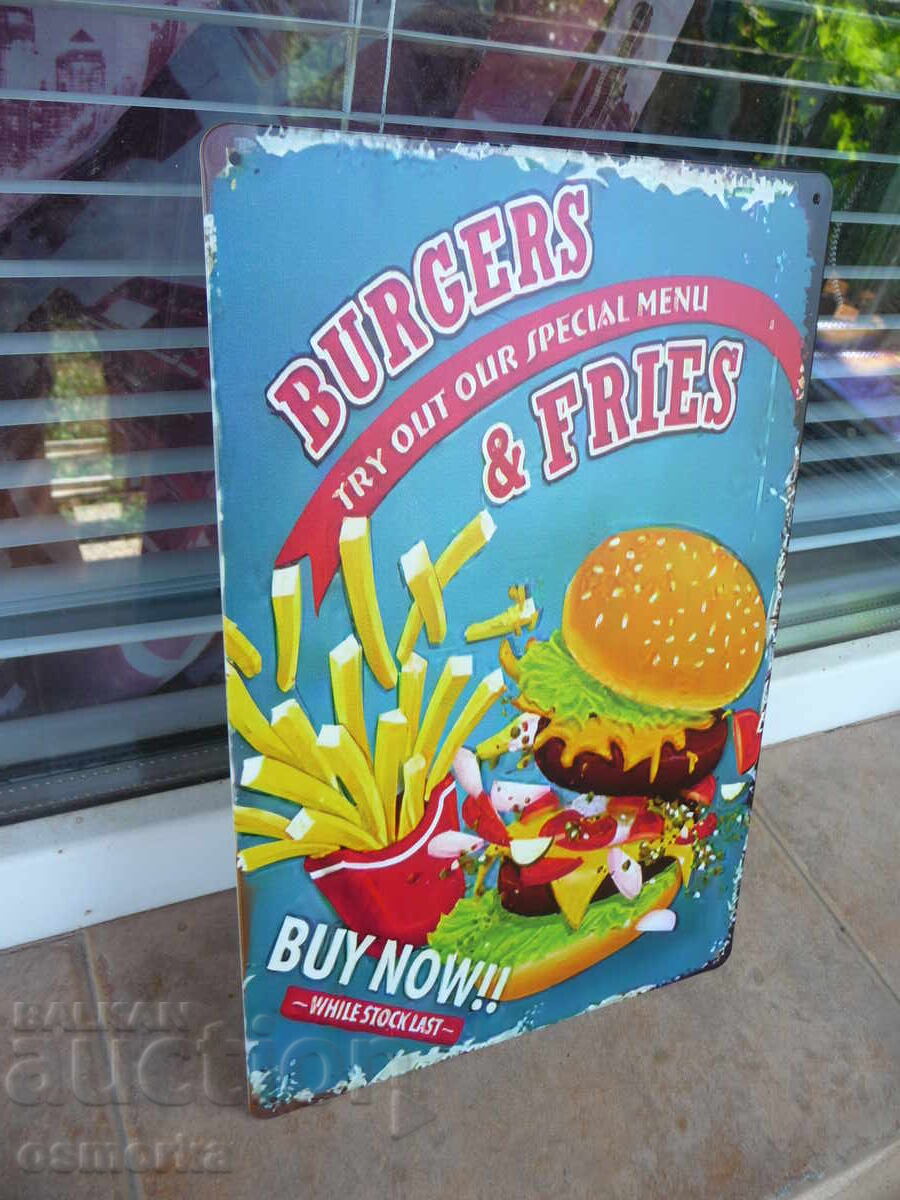 Μεταλλική πινακίδα φαγητού μπέργκερ πατάτες τηγανιτές ειδικό μενού με τιμή 18.00 BGN | € 9.20