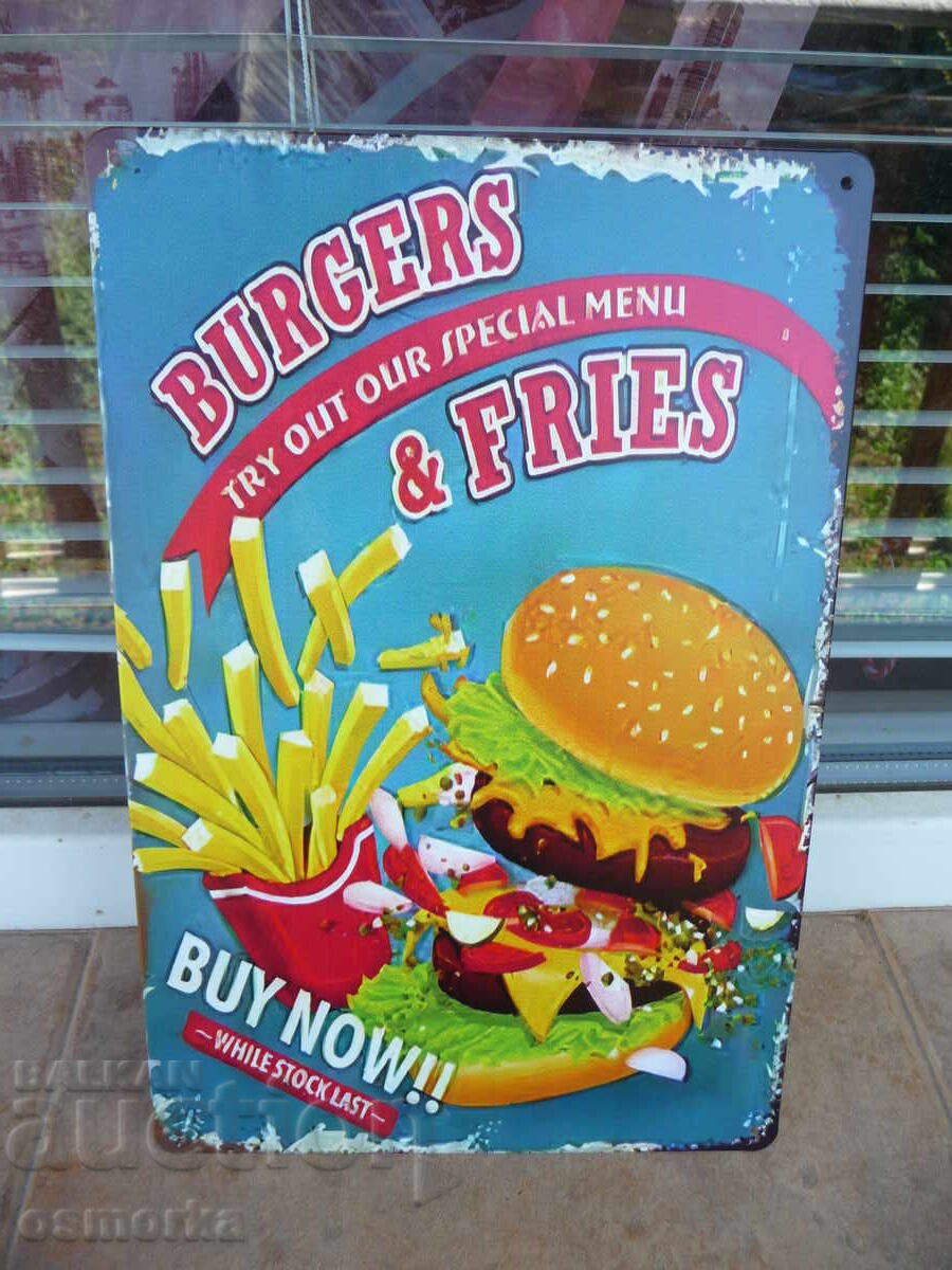 Μεταλλική πινακίδα φαγητού μπέργκερ πατάτες τηγανιτές ειδικό μενού