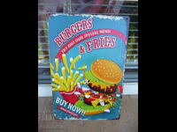 Placă metalică mâncare burgeri cartofi prăjiți meniu special