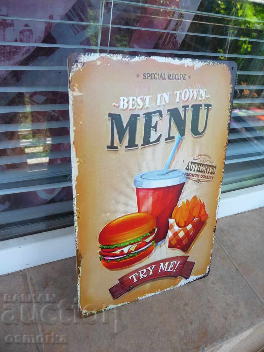 Μεταλλική πινακίδα φαγητού μπέργκερ πατάτες κόλα τα πιο νόστιμα Δοκιμάστε με τιμή 18.00 BGN | € 9.20