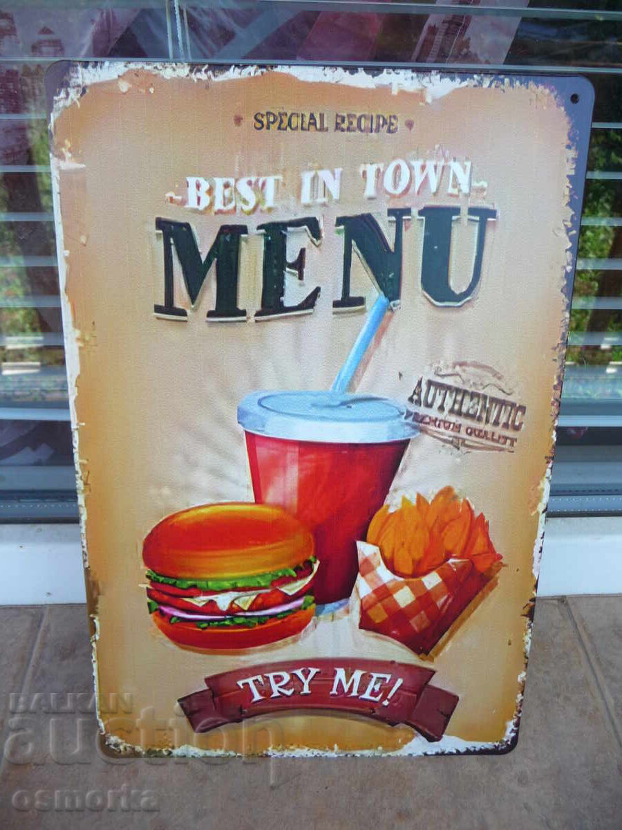 Μεταλλική πινακίδα φαγητού μπέργκερ πατάτες κόλα τα πιο νόστιμα Δοκιμάστε