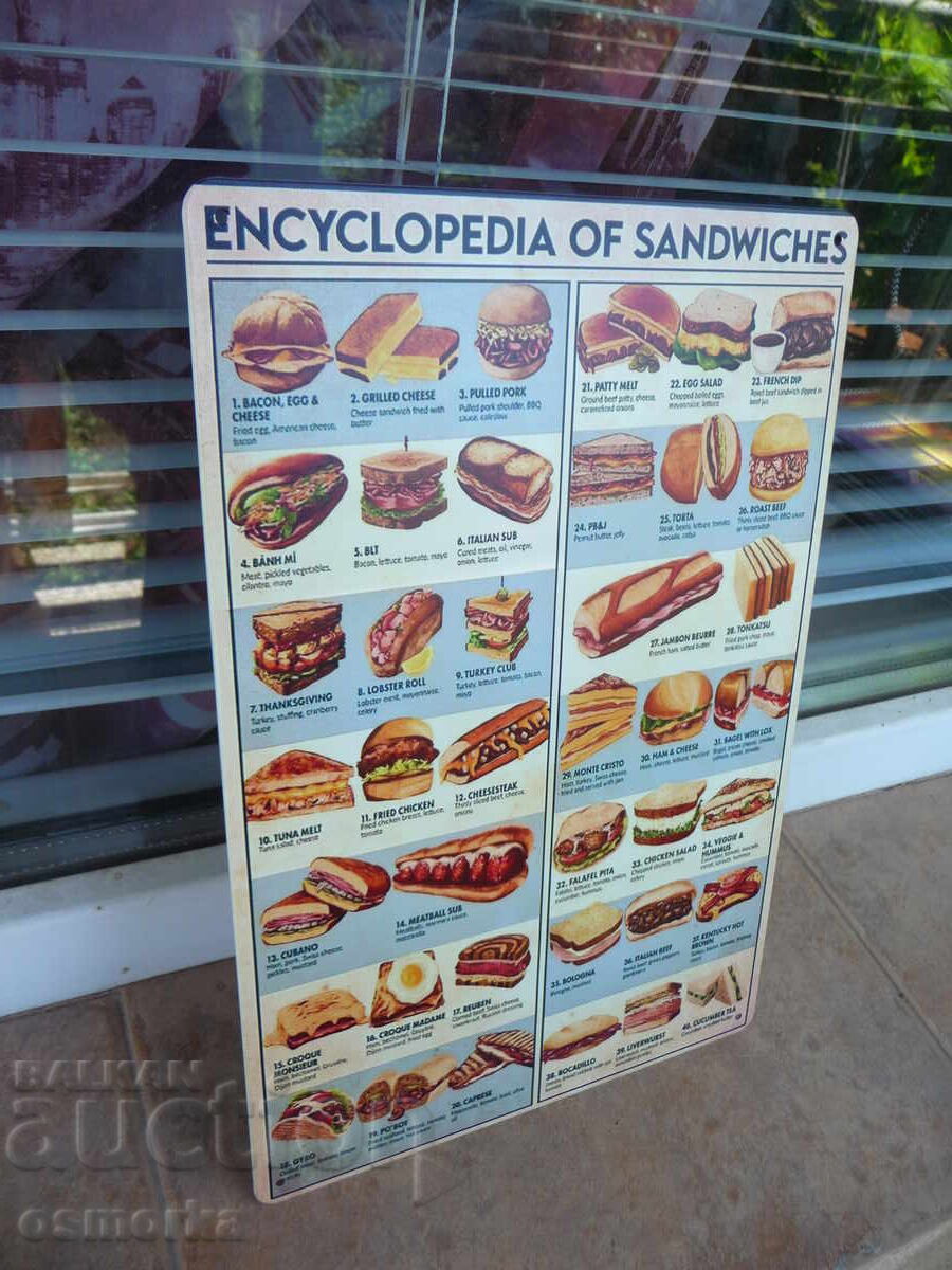 Placă metalică mâncare Enciclopedia sandvișurilor burgeri vi cu preț 18.00 BGN | € 9.20