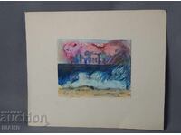 Pictură veche de maestru, acuarelă, peisaj