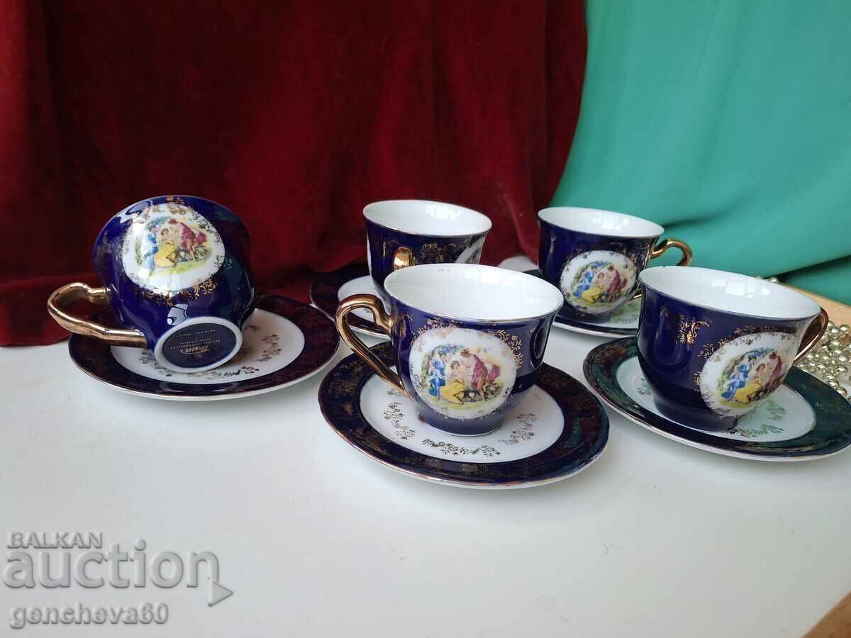 Δημοπρασία Όμορφο τσεχικό σερβίτσιο καφέ κοβαλτίου, επιχρύσωση, οι 3 χάριτες