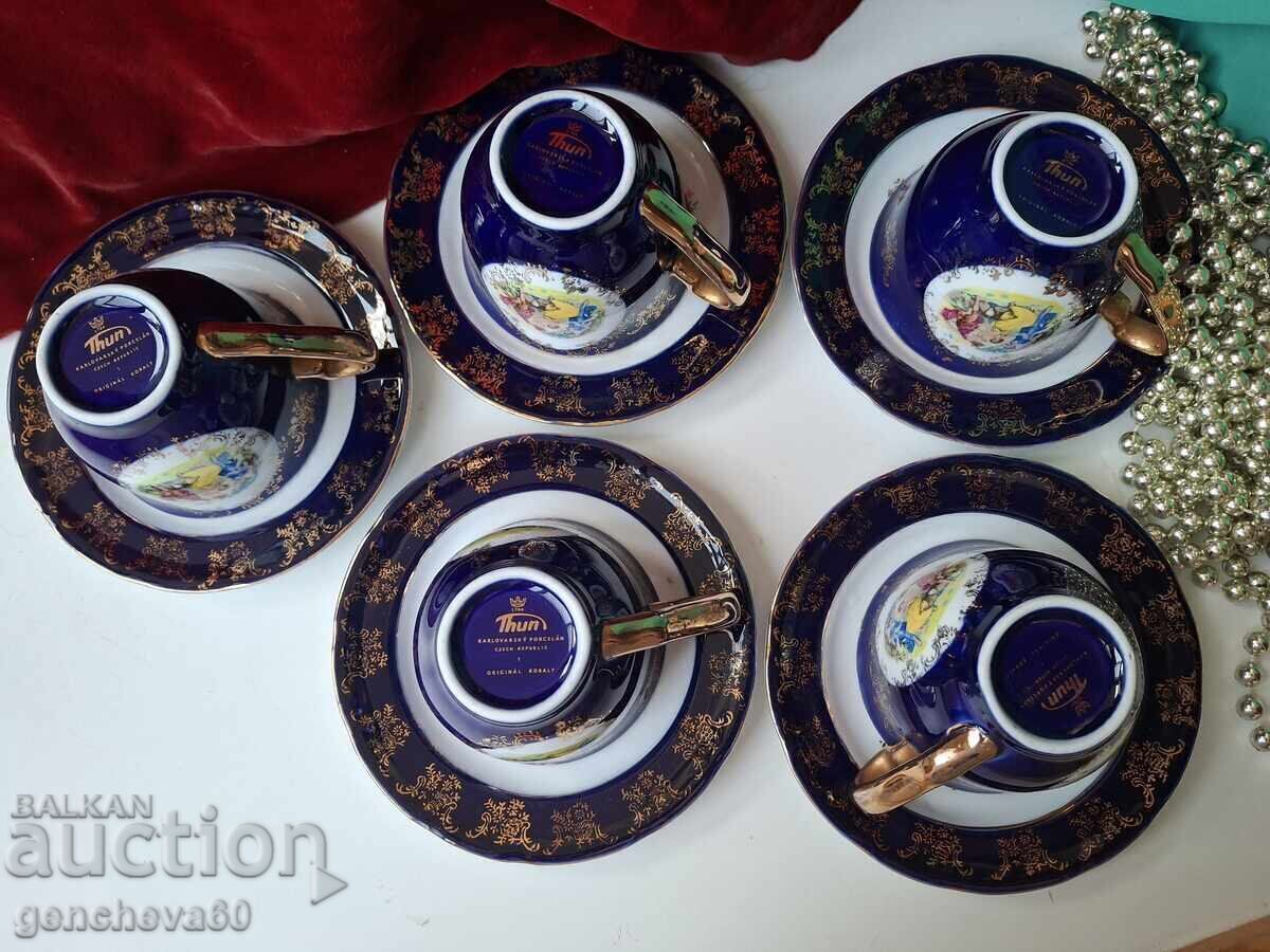 Παράδοση Όμορφο τσεχικό σερβίτσιο καφέ κοβαλτίου, επιχρύσωση, οι 3 χάριτες