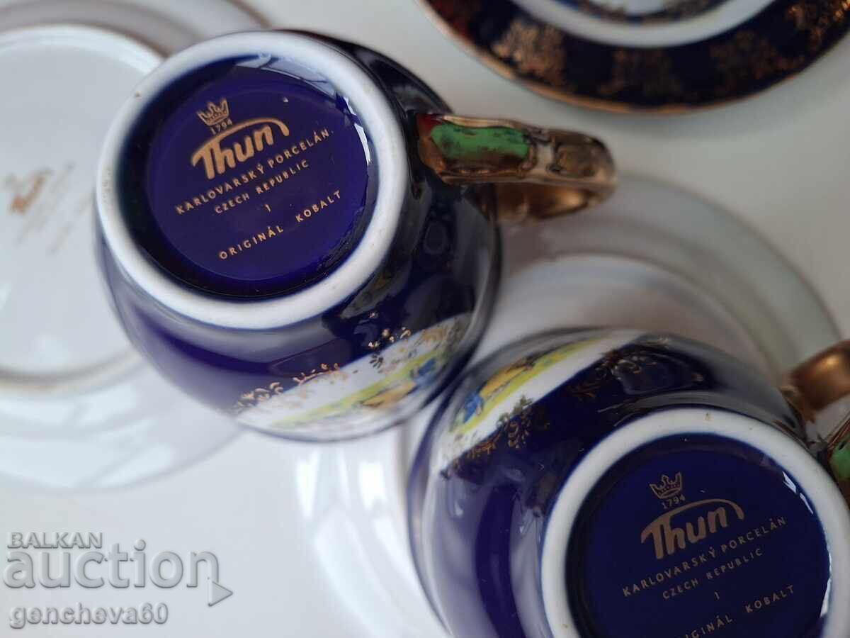 Frumos serviciu de cafea ceh cobalt, aurit, cele 3 grații - 7