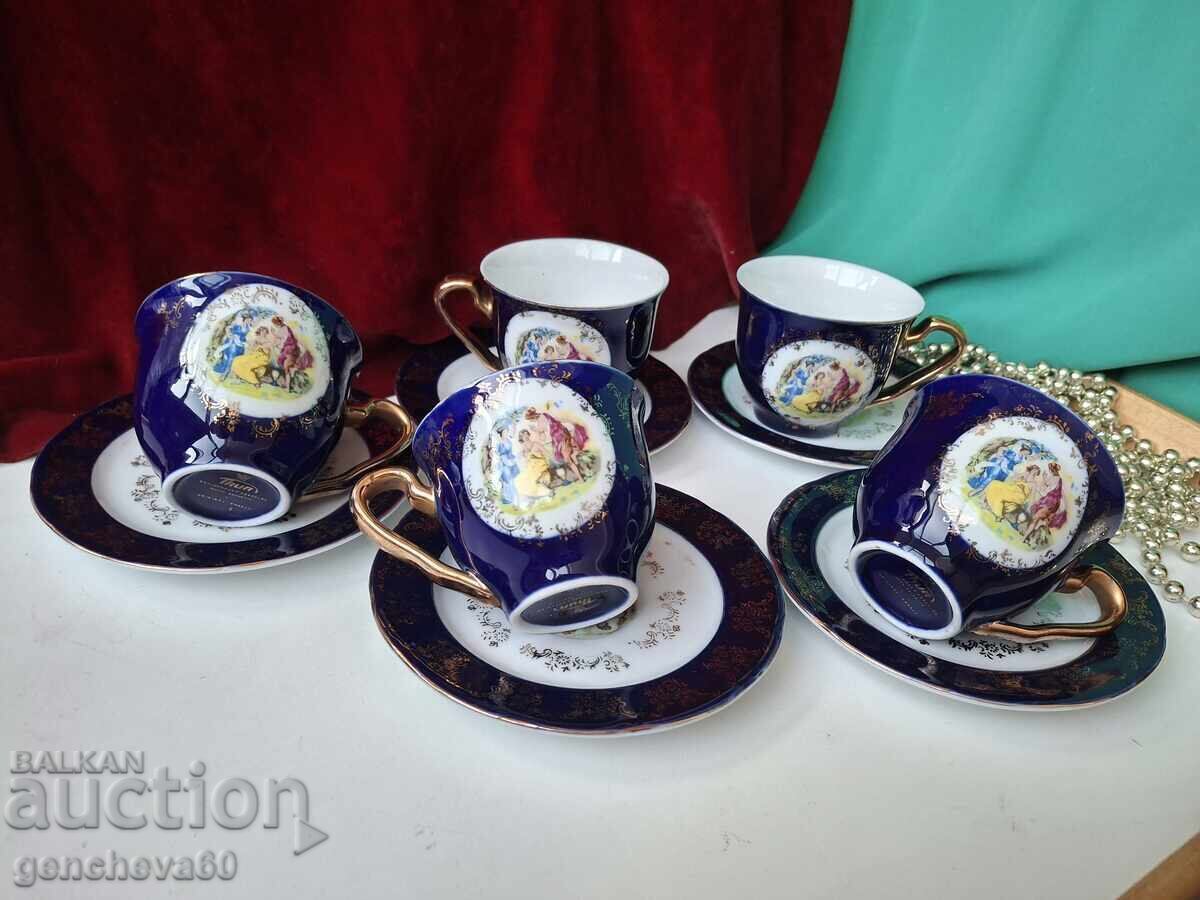 Frumos serviciu de cafea ceh cobalt, aurit, cele 3 grații