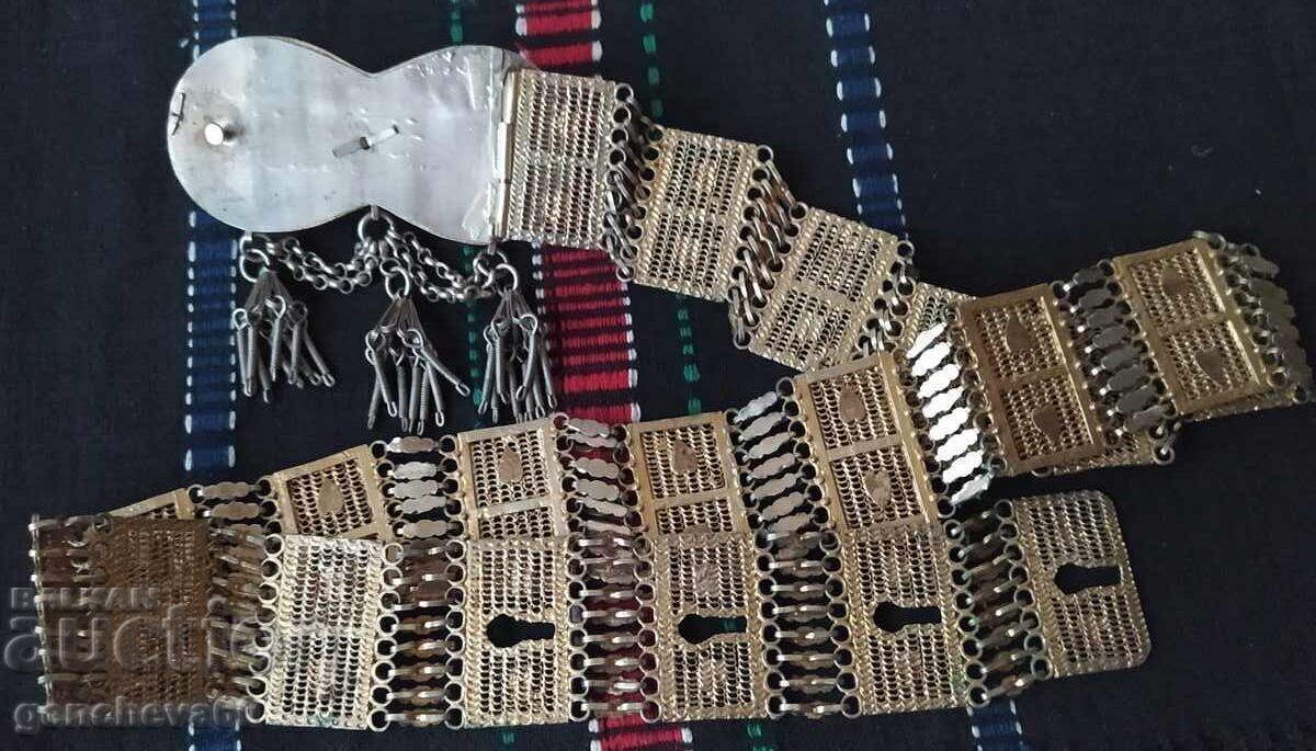 Licitație Centură paftă 1930, lucrată manual, argint, sacan, aurită