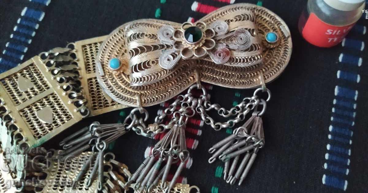 Centură paftă 1930, lucrată manual, argint, sacan, aurită - 7