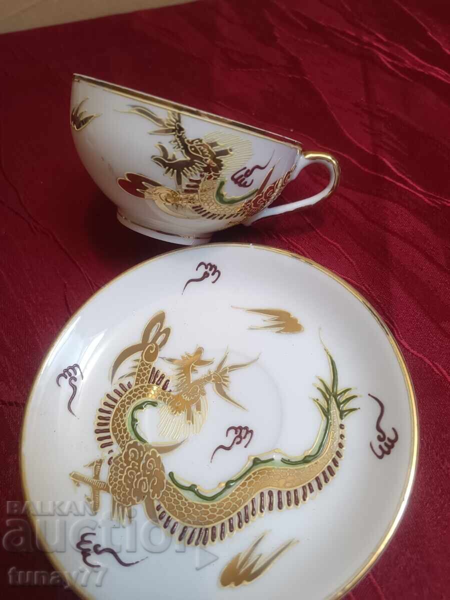 Licitație Ceașcă și farfurioară japoneză litofanie, geișă, fată, dragon, 30