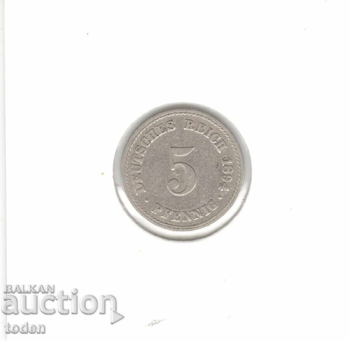 Δημοπρασία Γερμανία - 5 Pfennig - 1894 A - KM# 11 - Wilhelm II - τ. 2 - μικρή ασπίδα