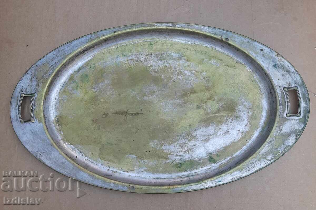 Старинен месингов посребрен поднос Арт Деко Старинен месингов посребрен поднос Арт Деко