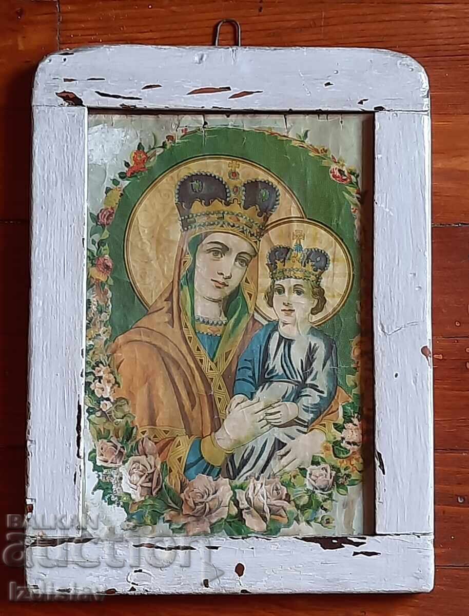 Licitație Veche icoană de casă a Maicii Domnului, cromolitografie Licitație Veche icoană de casă a Maicii Domnului, cromolitografie